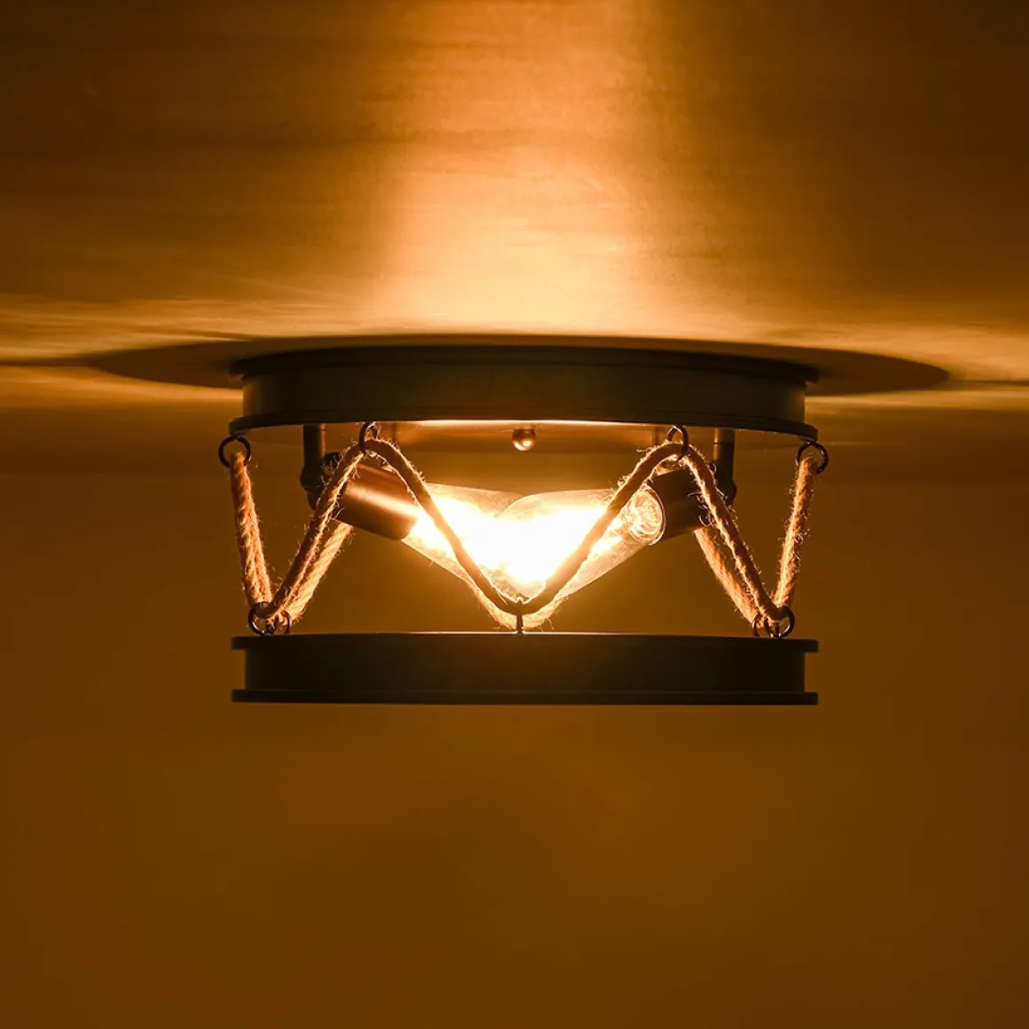 Farmhouse 2-Light Hemp Rope Iron Drum Cage Flush Mount