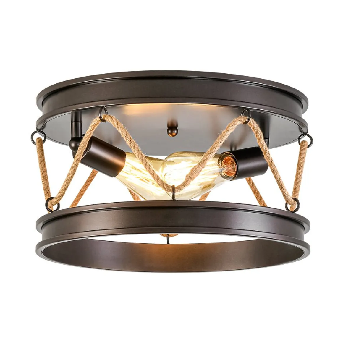 Farmhouse 2-Light Hemp Rope Iron Drum Cage Flush Mount