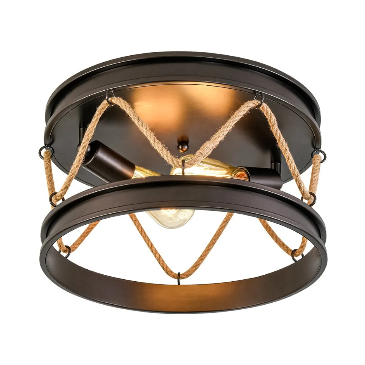 Farmhouse 2-Light Hemp Rope Iron Drum Cage Flush Mount