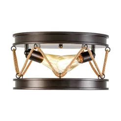 Farmhouse 2-Light Hemp Rope Iron Drum Cage Flush Mount