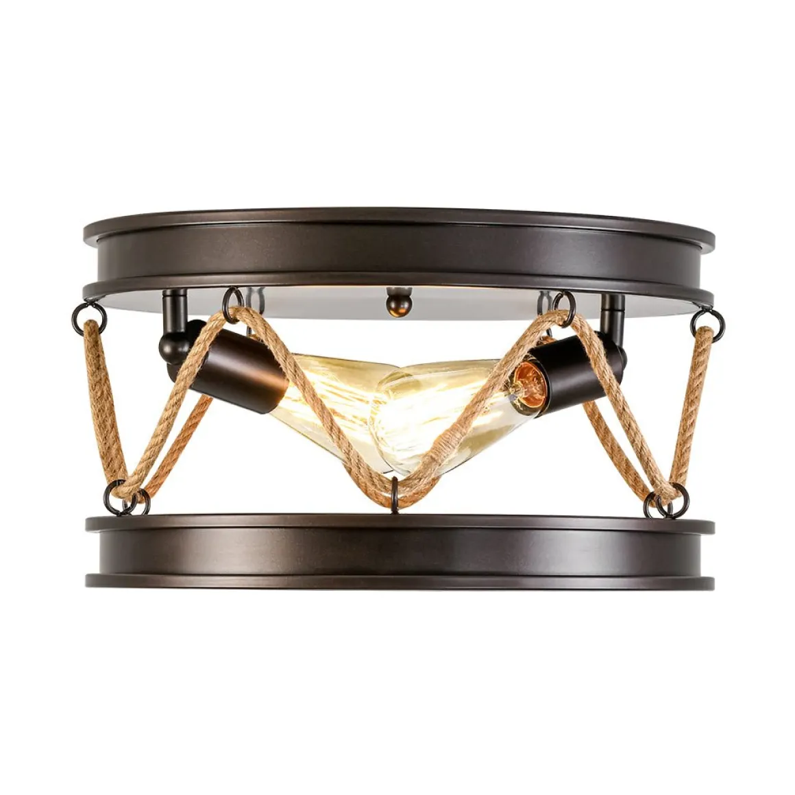 Farmhouse 2-Light Hemp Rope Iron Drum Cage Flush Mount