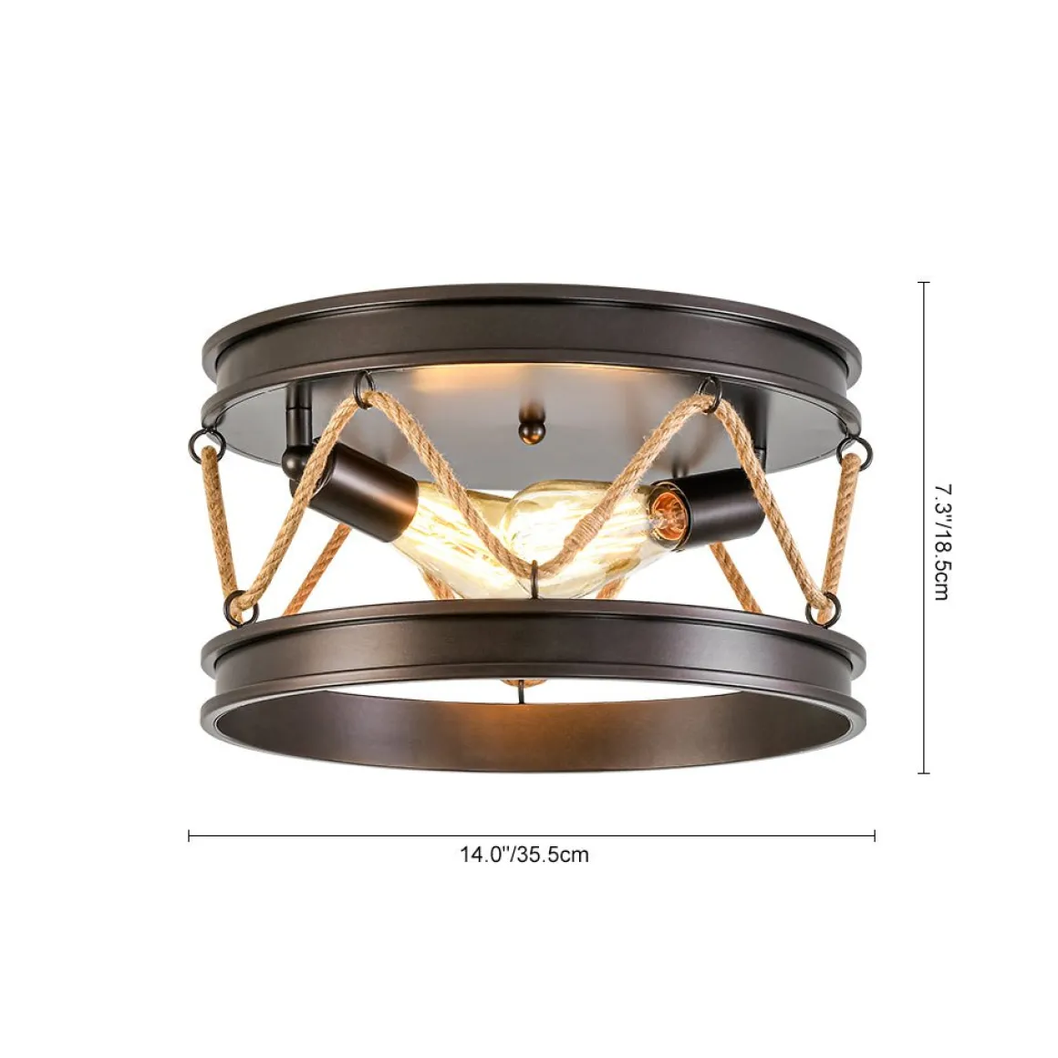 Farmhouse 2-Light Hemp Rope Iron Drum Cage Flush Mount