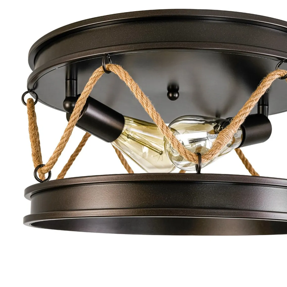 Farmhouse 2-Light Hemp Rope Iron Drum Cage Flush Mount