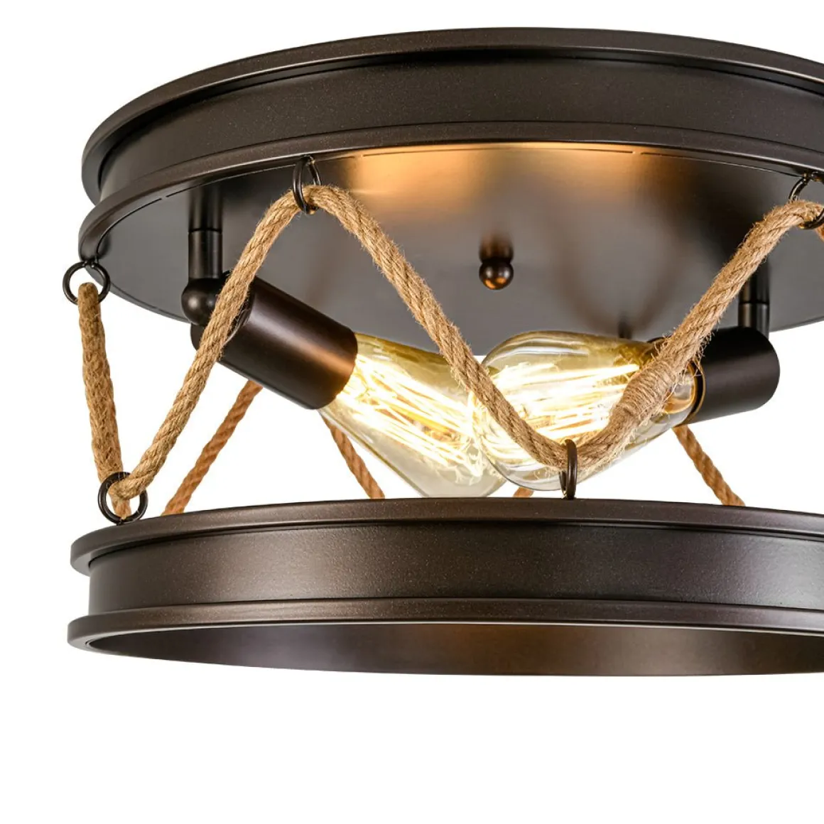 Farmhouse 2-Light Hemp Rope Iron Drum Cage Flush Mount