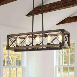 Farmhouse 5-Light Rectangle Wood Chandelier