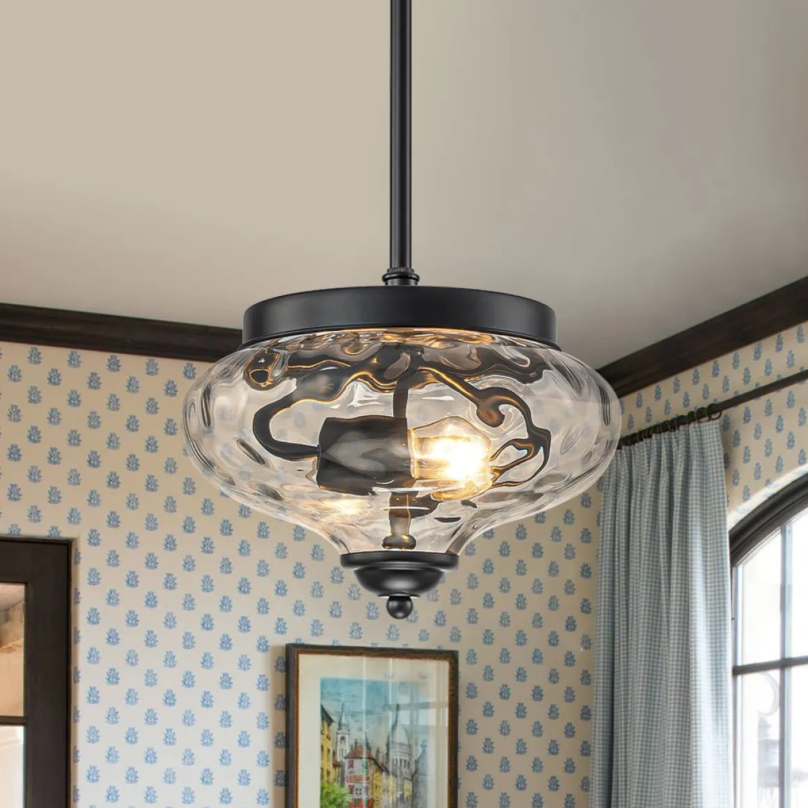 Farmhouse 2-light Round Hammered Glass Pendant Light