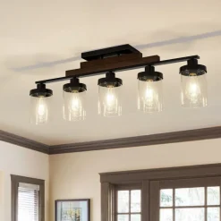 Farmhouse Linear Glass Wooden Kitchen Island Ceiling Light