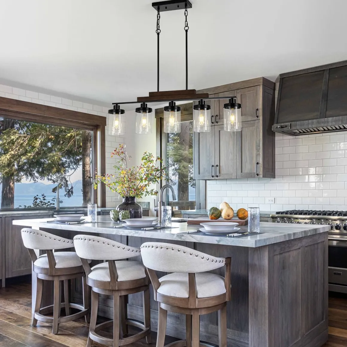 Farmhouse Linear Glass Wooden Kitchen Island Ceiling Light