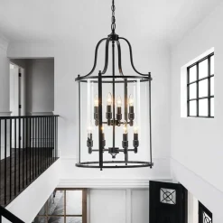 Farmhouse Wide Clear Glass Cylinder Cage Pendant