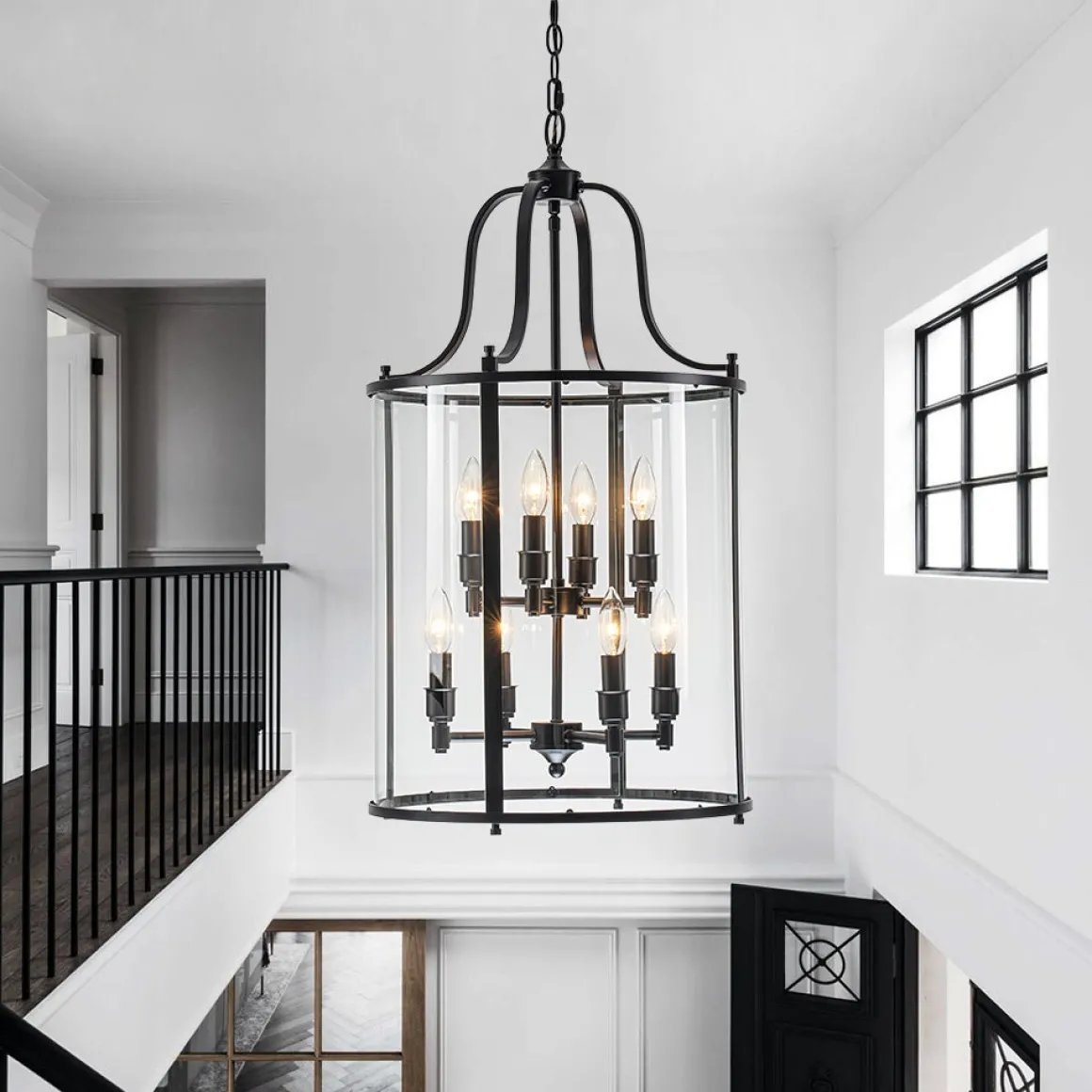 Farmhouse Wide Clear Glass Cylinder Cage Pendant