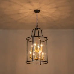 Farmhouse Wide Clear Glass Cylinder Cage Pendant