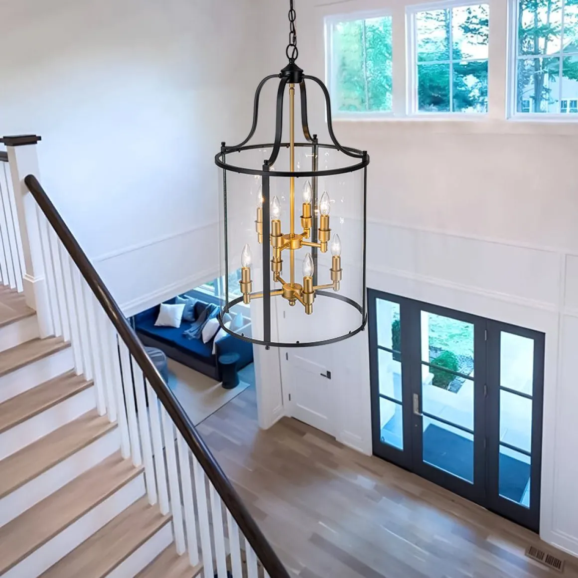 Farmhouse Wide Clear Glass Cylinder Cage Pendant