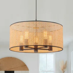 Farmhouse Wide Woven Rattan Drum Cage Pendant Light