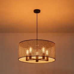 Farmhouse Wide Woven Rattan Drum Cage Pendant Light
