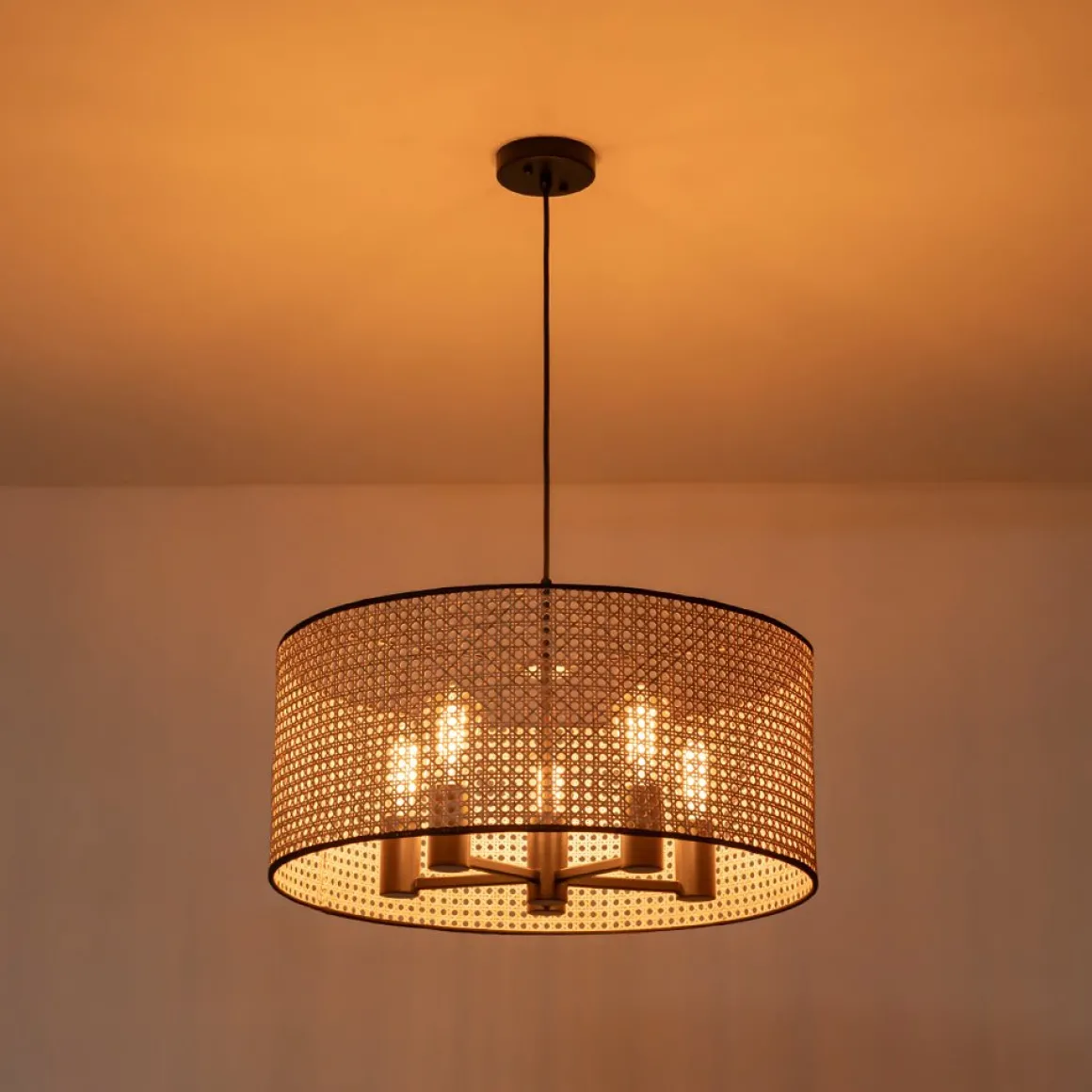 Farmhouse Wide Woven Rattan Drum Cage Pendant Light