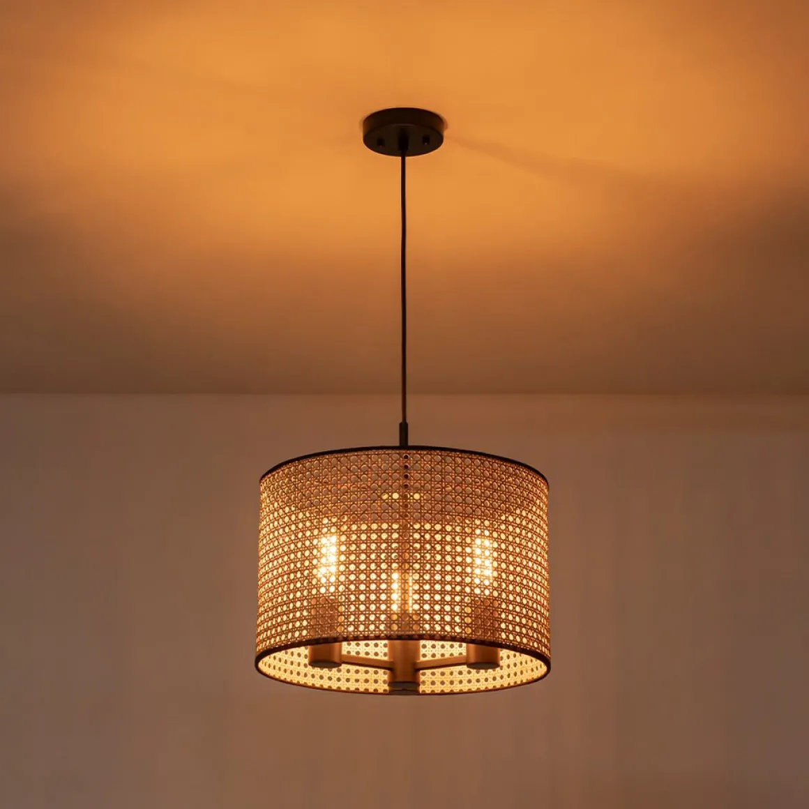 Farmhouse Wide Woven Rattan Drum Cage Pendant Light