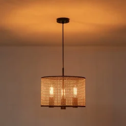 Farmhouse Wide Woven Rattan Drum Cage Pendant Light