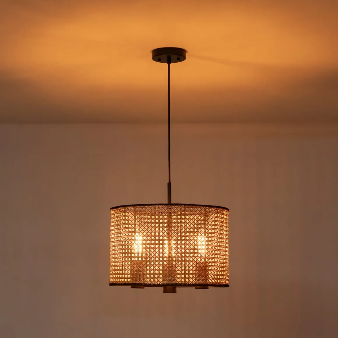 Farmhouse Wide Woven Rattan Drum Cage Pendant Light