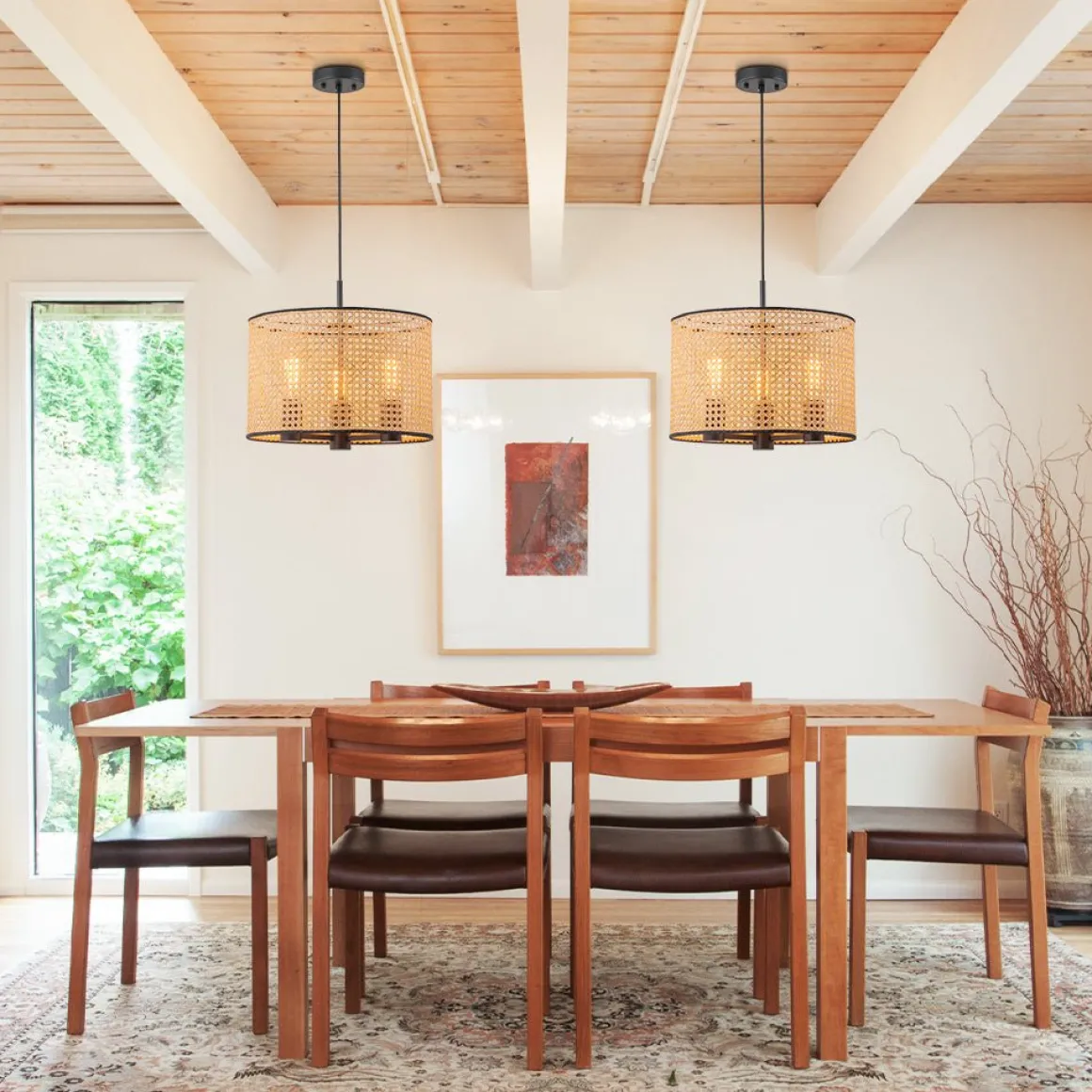 Farmhouse Wide Woven Rattan Drum Cage Pendant Light