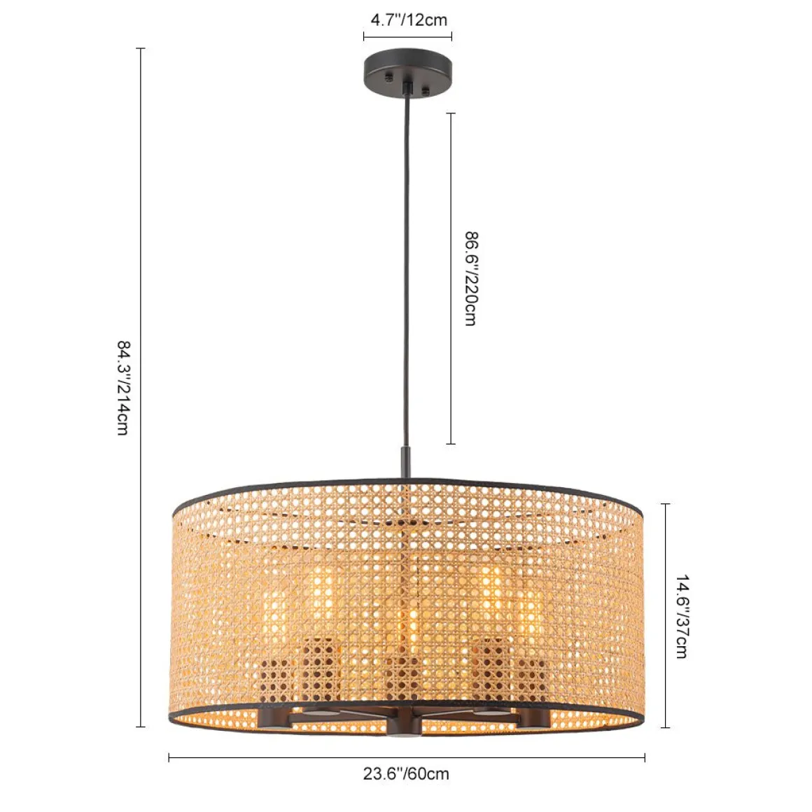 Farmhouse Wide Woven Rattan Drum Cage Pendant Light