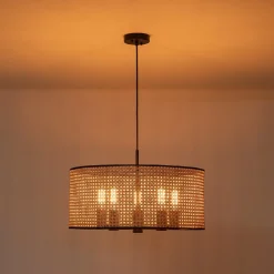 Farmhouse Wide Woven Rattan Drum Cage Pendant Light