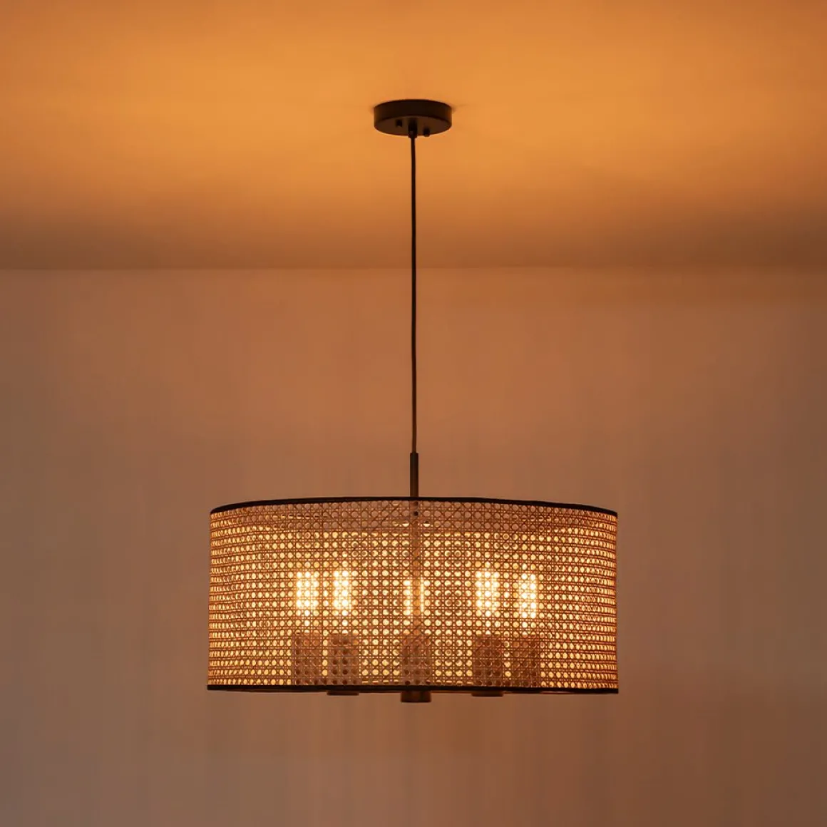 Farmhouse Wide Woven Rattan Drum Cage Pendant Light