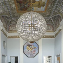 French Antique Brass Crystal Globe Chandelier