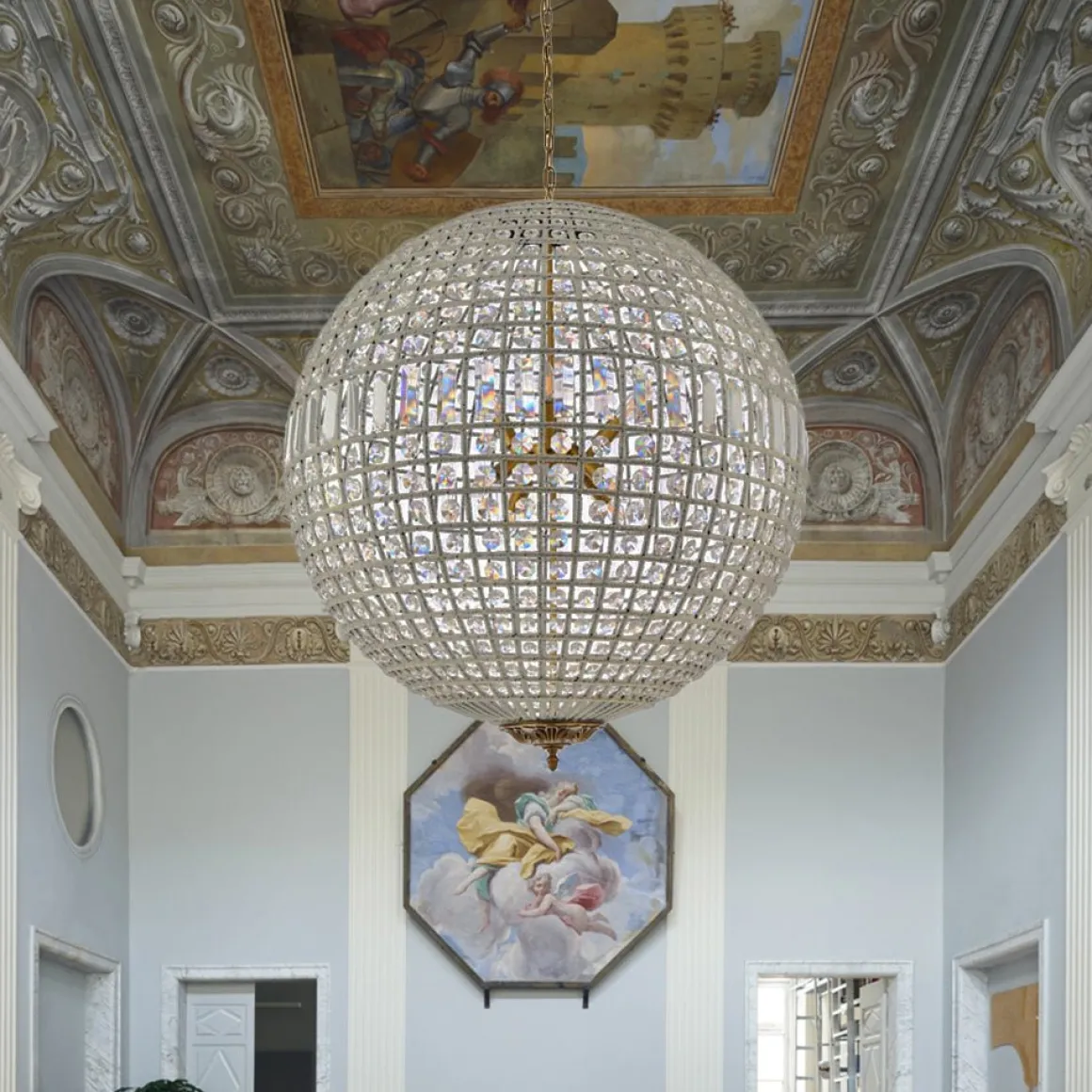 French Antique Brass Crystal Globe Chandelier