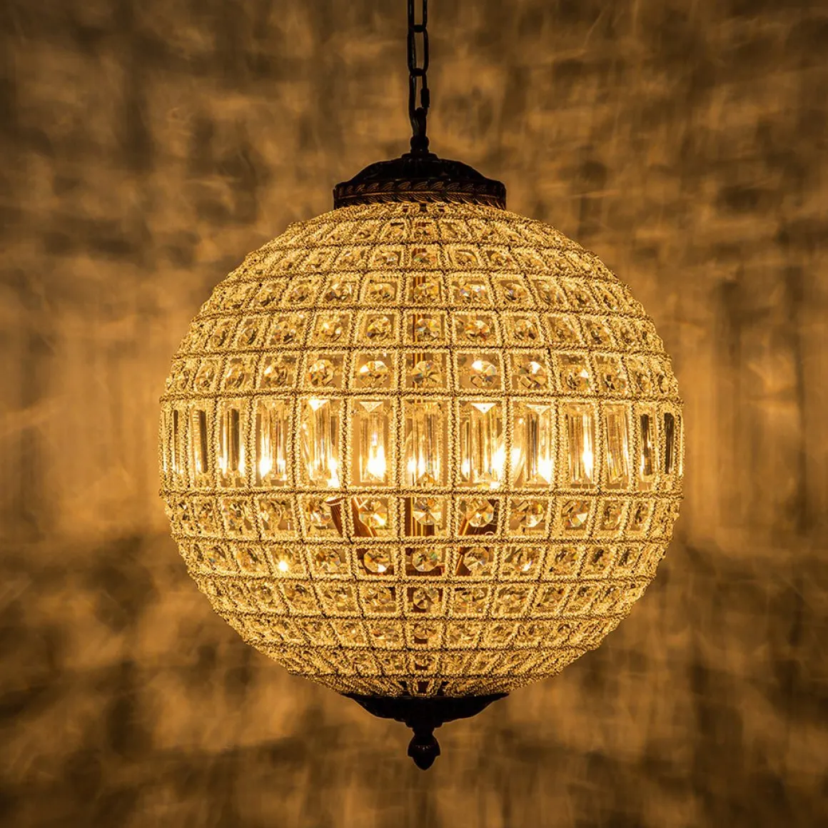 French Antique Brass Crystal Globe Chandelier