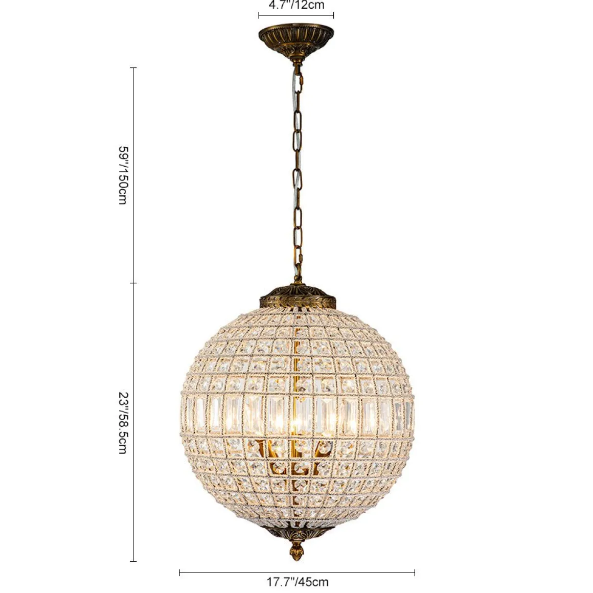 French Antique Brass Crystal Globe Chandelier