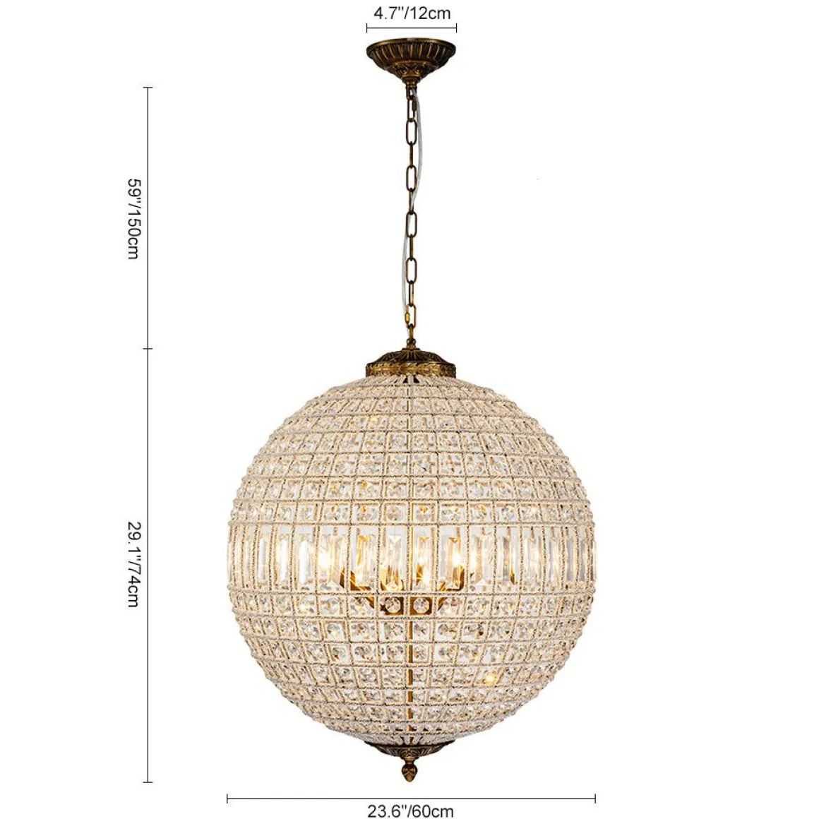 French Antique Brass Crystal Globe Chandelier