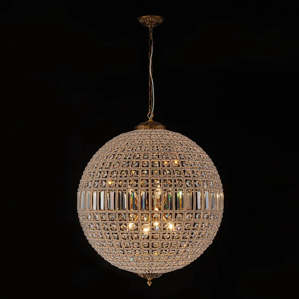 French Antique Brass Crystal Globe Chandelier