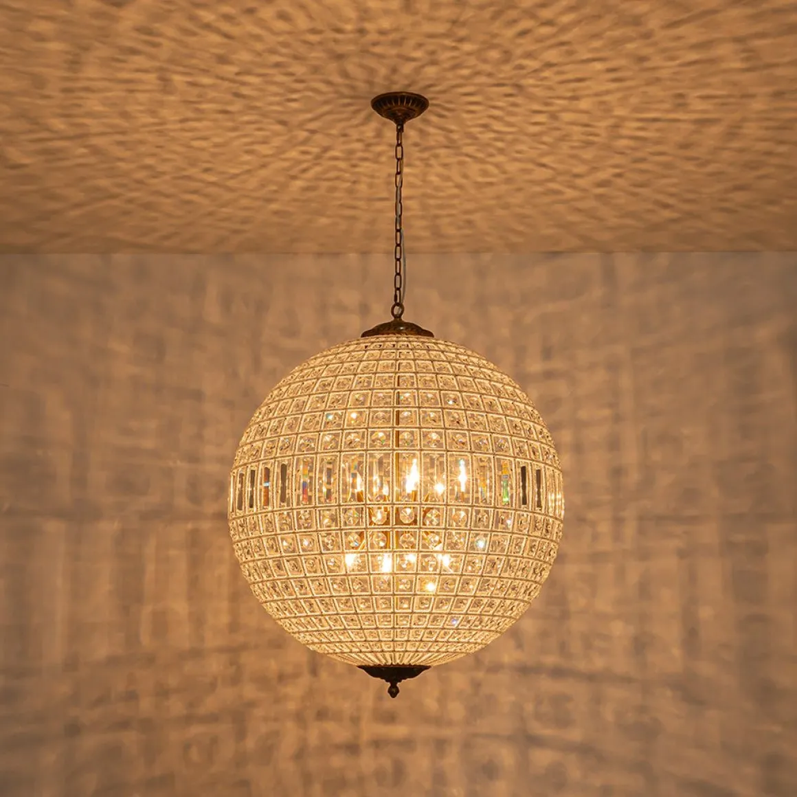French Antique Brass Crystal Globe Chandelier
