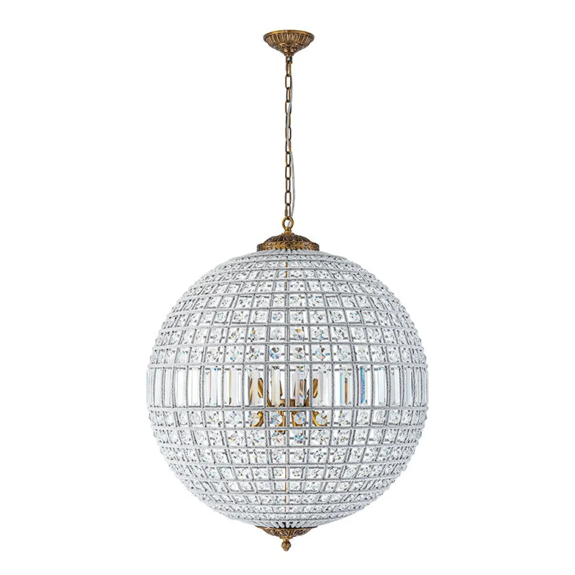 French Antique Brass Crystal Globe Chandelier