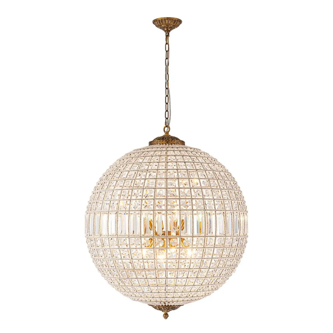 French Antique Brass Crystal Globe Chandelier