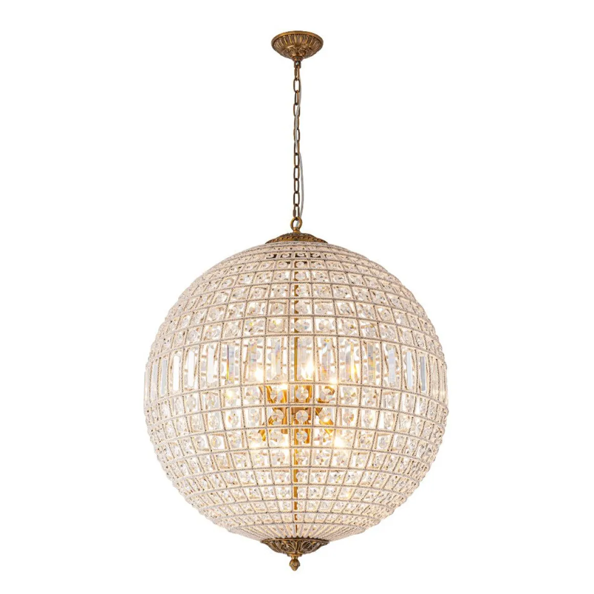 French Antique Brass Crystal Globe Chandelier