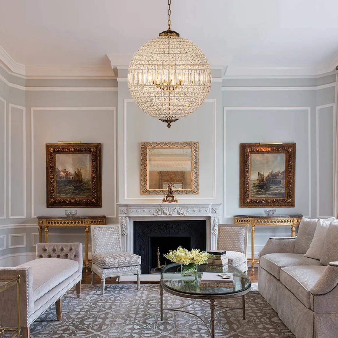 French Antique Brass Crystal Globe Chandelier