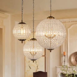 French Antique Brass Crystal Globe Chandelier