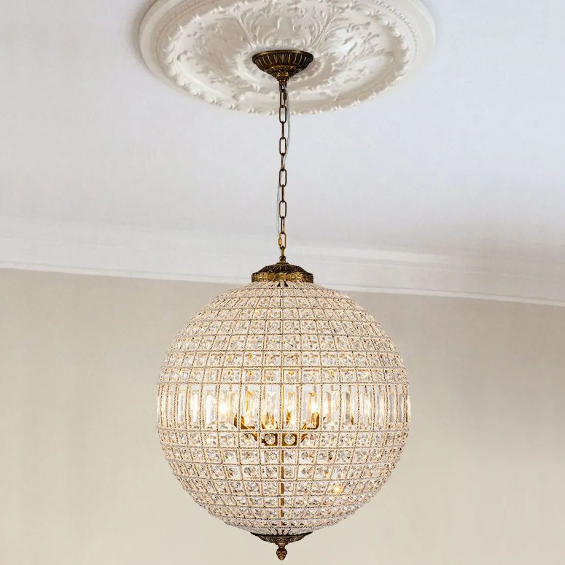 French Antique Brass Crystal Globe Chandelier