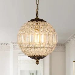 French Antique Brass Crystal Globe Chandelier