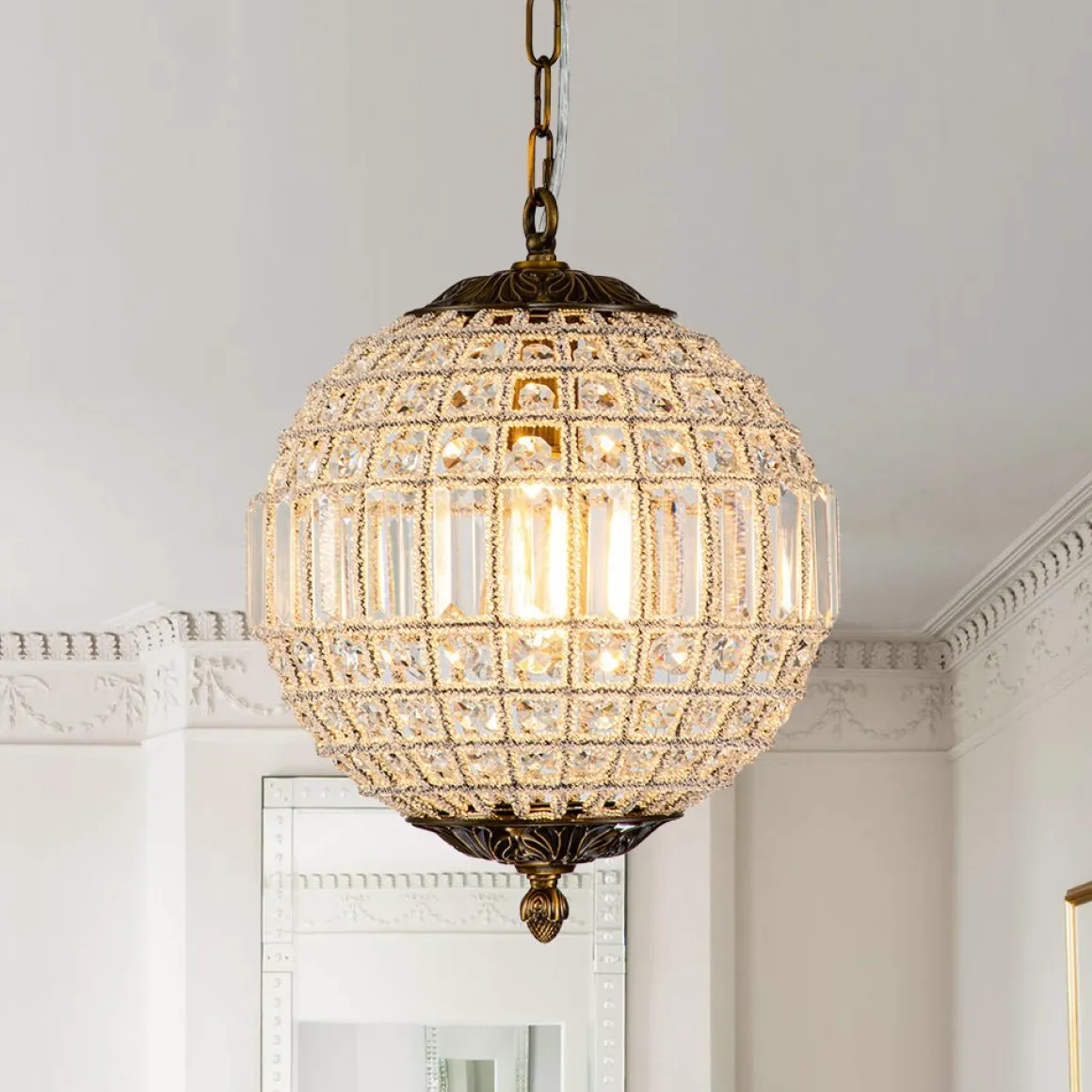French Antique Brass Crystal Globe Chandelier