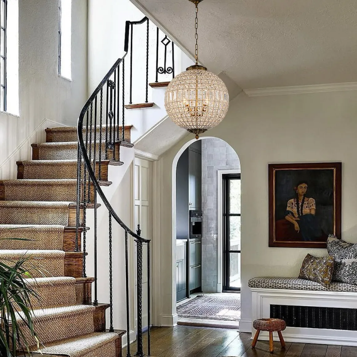 French Antique Brass Crystal Globe Chandelier
