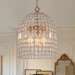 French Antique Brass Crystal Cage Chandelier