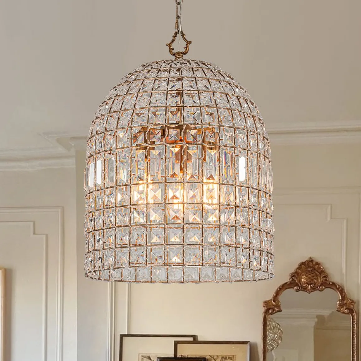 French Antique Brass Crystal Cage Chandelier