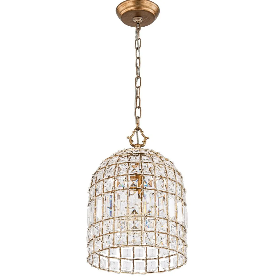 French Antique Brass Crystal Cage Chandelier