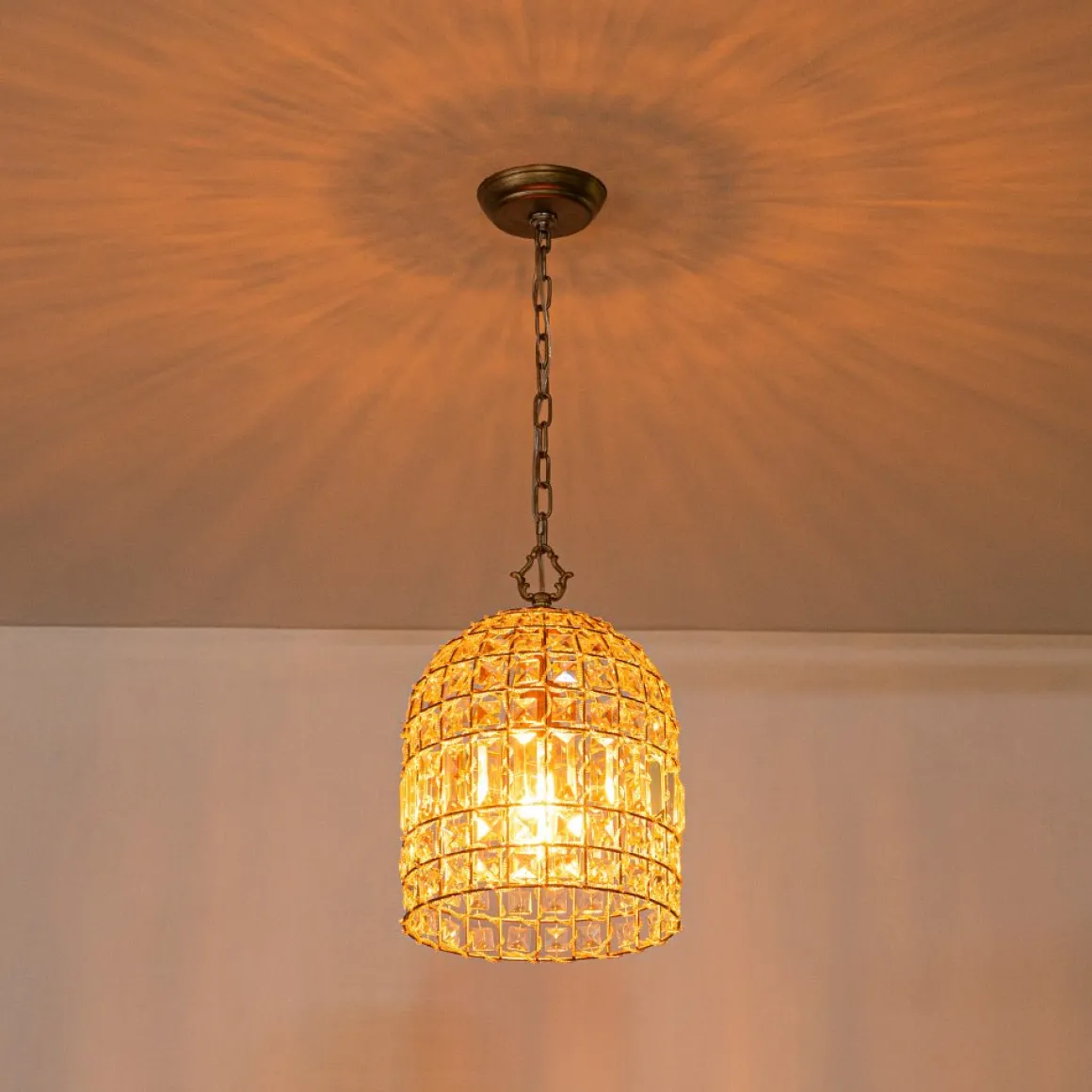 French Antique Brass Crystal Cage Chandelier