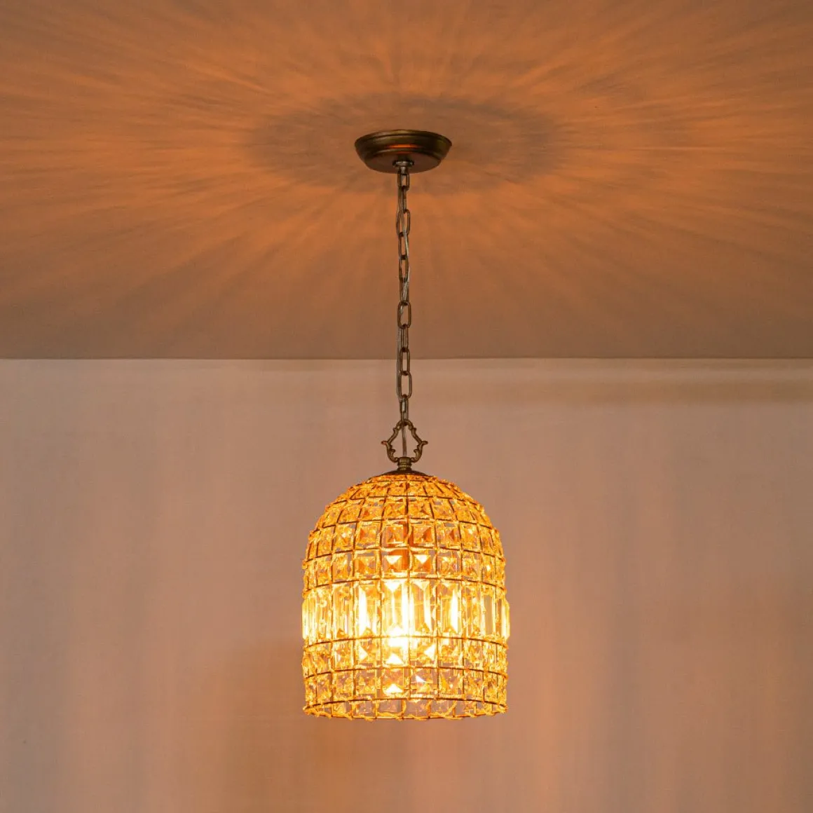 French Antique Brass Crystal Cage Chandelier