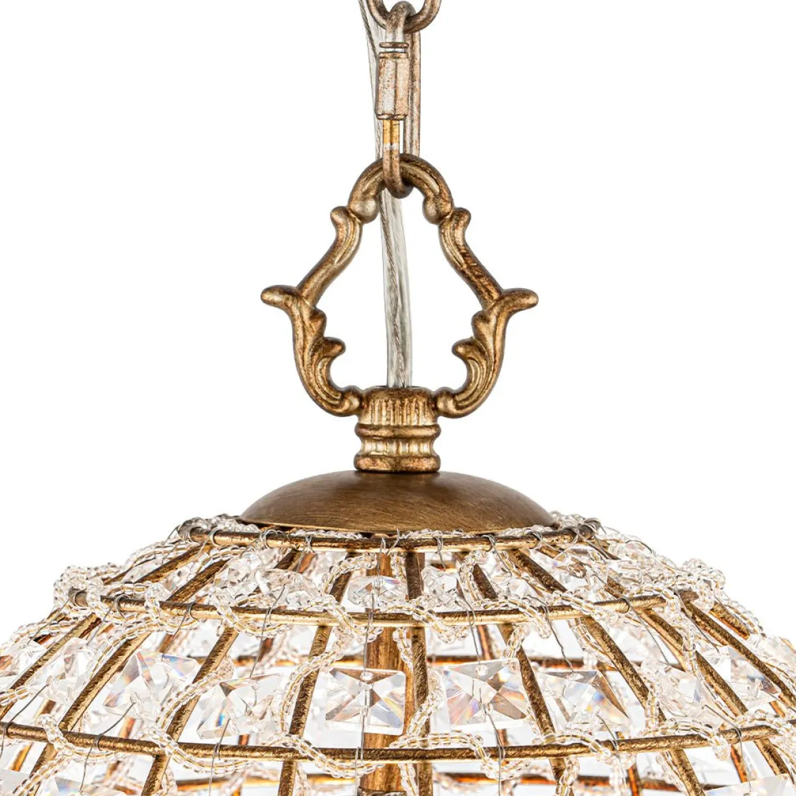 French Antique Brass Crystal Cage Chandelier