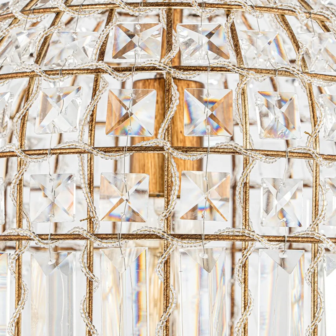 French Antique Brass Crystal Cage Chandelier