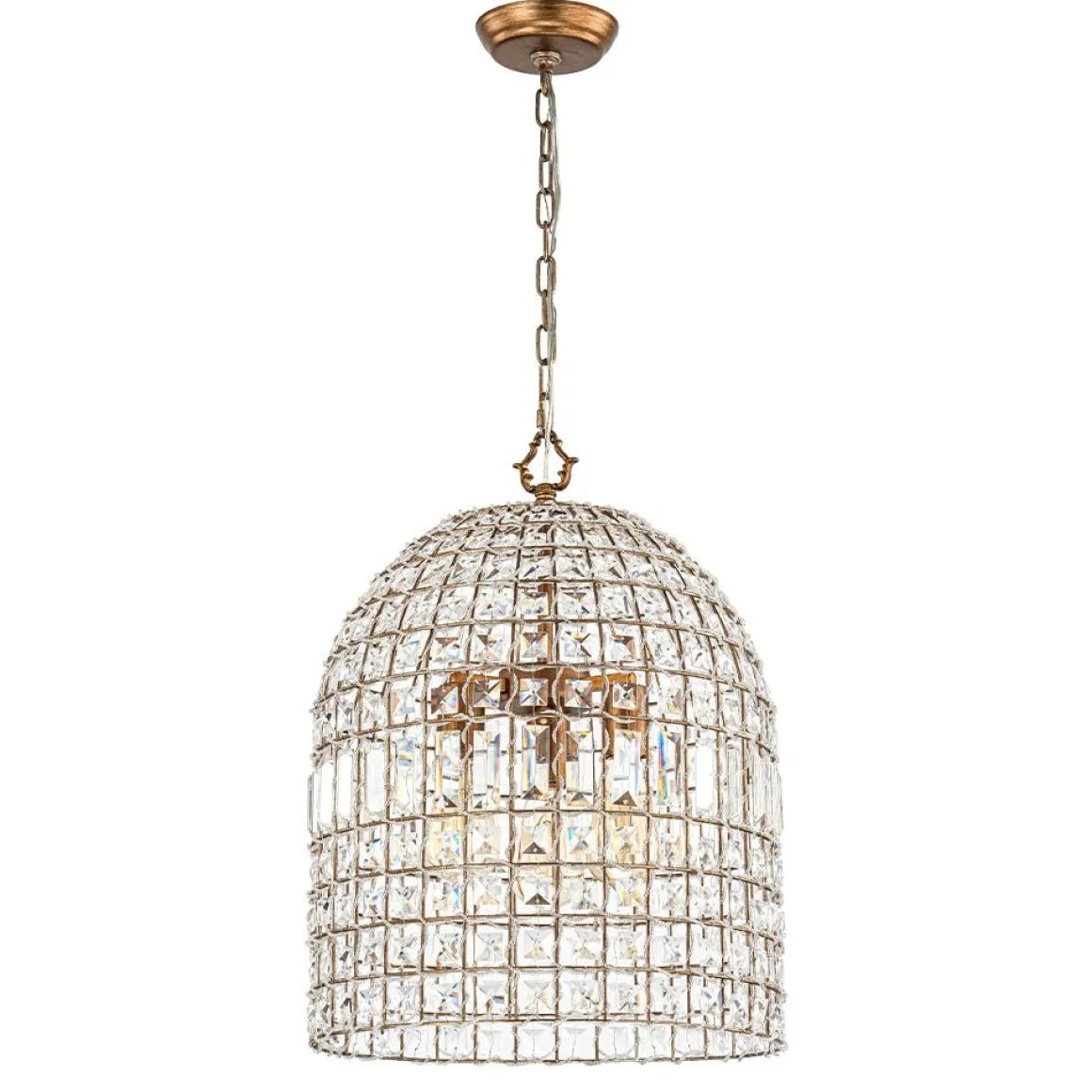 French Antique Brass Crystal Cage Chandelier